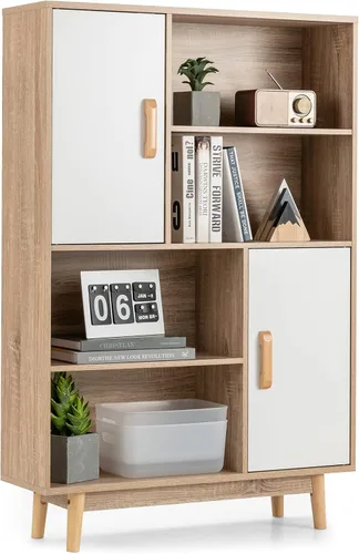 Miniatura 11 de Giantex Armario de almacenamiento de 47 pulgadas con puertas, estantes abiertos, dispositivo antivuelco, estantería de 4 niveles para libros