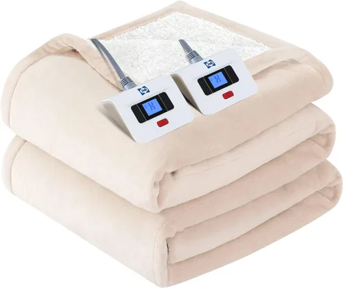 Manta eléctrica SEALY tamaño King, manta térmica de franela y Sherpa con 10 niveles de calor y apagado automático de 1-12 horas, manta cálida de