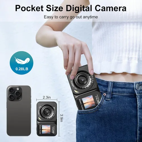 Miniatura 3 de QUOLODOO Cámara digital, cámara de pantalla dual 4K 64MP, zoom de 18X, cámara digital de apuntar y disparar con tarjeta TF de 64 GB y 2