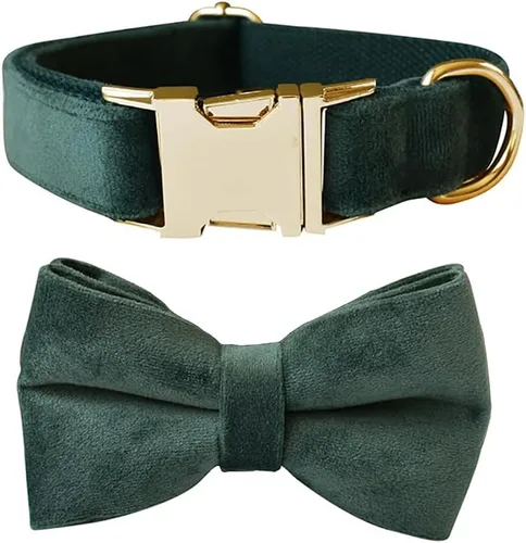 Miniatura 16 de Love Dream Collar de corbatín para perro, Collares de terciopelo para perros con corbatín desmontable y hebilla de metal, Collares de corbatín Verde