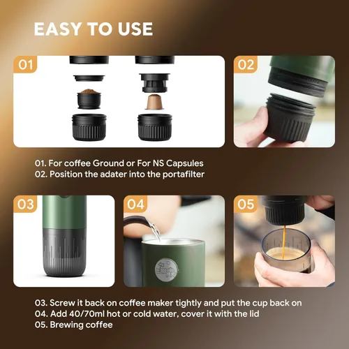 Miniatura 7 de RECAFIMIL Máquina de Espresso Eléctrica Portátil, Cafetera de Viaje para Camping, Cafetera de Auto con Autocalentamiento con USB-C, Con Café Molido