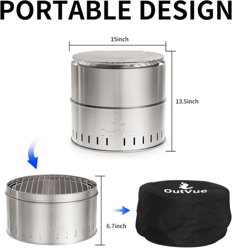 Miniatura 5 de OutVue Fogón de acero inoxidable de 15.5 pulgadas sin humo con parrilla, fogón sin humo al aire libre, fogones de leña para campamento, fogata