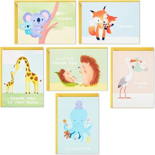 Hallmark Surtido de tarjetas de agradecimiento para baby shower, animales bebés (48 tarjetas y sobres: cigüeña, jirafas, koalas, pulpo, zorro,