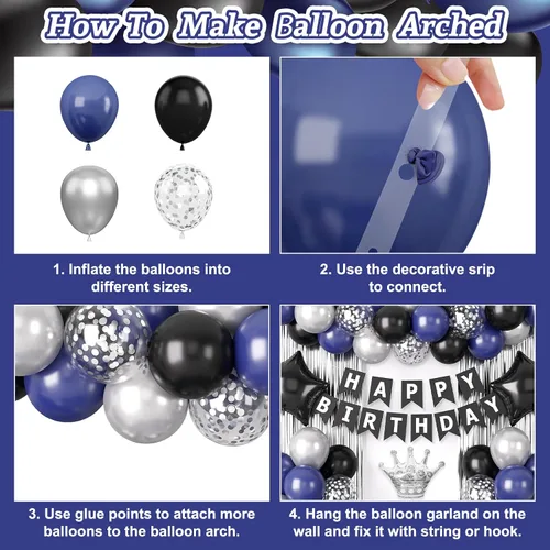 Miniatura 3 de Decoraciones de cumpleaños azul marino y negro para hombres, globo de confeti negro y azul con pancarta de "Happy Birthday", cortinas con flecos