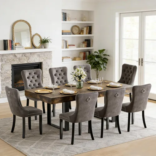 Miniatura 32 de Juego de mesa de comedor extensible de 5 piezas para 4, mesa de cocina de madera marrón de 63-78.7 pulgadas con 4 sillas acolchadas beige, juego