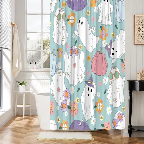Miniatura 7 de Halloween Ghost Shower Curtain Spooky Cute 70s Retro Hippie Daisy Funny Bathroom Decor Curtain with Hooks,Blue White