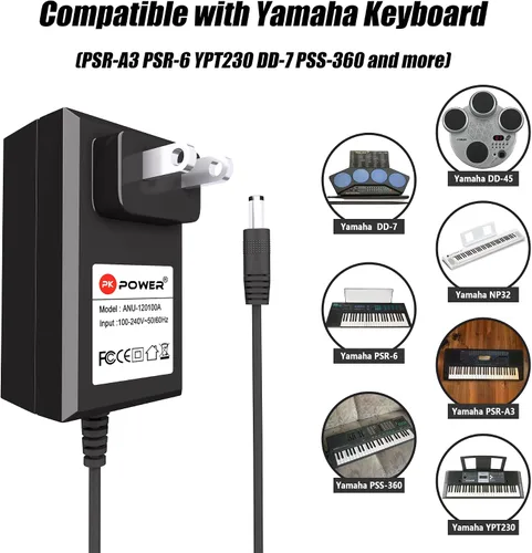 Miniatura 4 de Adaptador de CA de 12 V, fuente de alimentación para la serie Yamaha PSR-E, serie YPT, teclados de la serie NP, cable de 6.6 pies