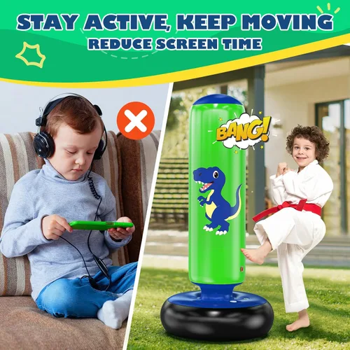 Miniatura 3 de QPAU Saco de boxeo inflable, bolsa de boxeo inflable estable de 48 pulgadas para 3-6 niños, juguete de dinosaurio y regalos para niños y niñas, Azul