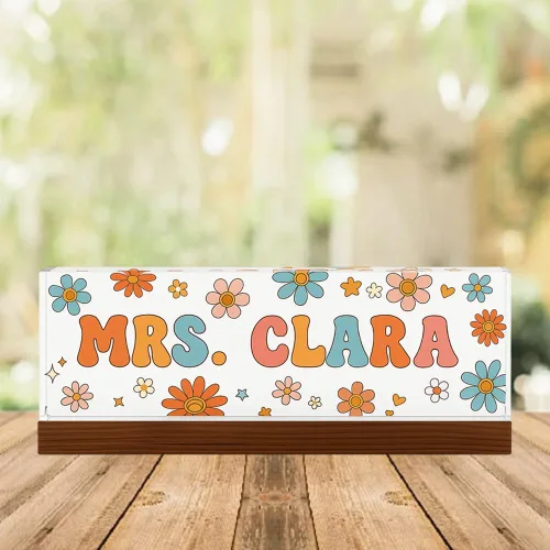 Miniatura 3 de Placa de nombre personalizada para escritorio para profesores, placa de nombre de acrílico personalizada para maestros con base de madera, letrero