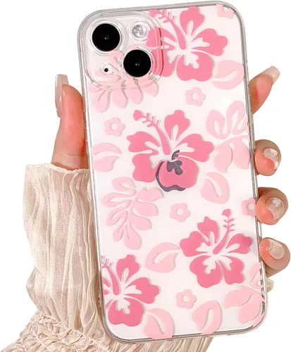 Lovmooful Funda compatible con iPhone 13, bonito diseño transparente de flores de hibisco con estampado floral para niñas y mujeres, TPU suave a