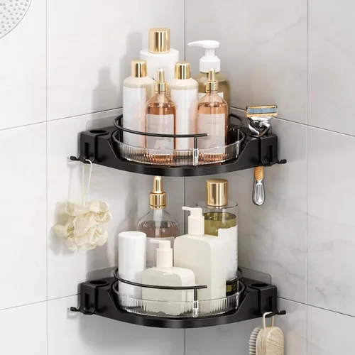 Oifecsie Organizador de ducha de esquina giratorio de 360° (paquete de 2) - Lazy Susan Organizador de baño con ganchos, soporte adhesivo sin