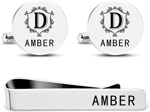 ROSI - Juego de gemelos personalizados de acero inoxidable con inicial y clip de corbata para hombres, bodas, negocios, grabado, gemelos, regalos