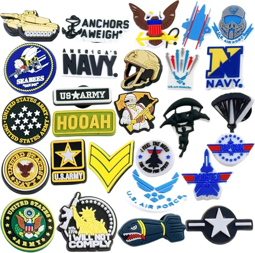 27 dijes para zapatos del ejército, azul marino y tanques, para hombres y mujeres, accesorios de pulsera para adultos estadounidenses, sandalias,