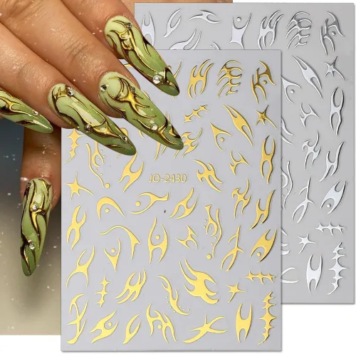 Miniatura 3 de 8 hojas de calcomanías de arte de uñas con llama irregular, plateado metálico, negro, blanco, oro, calcomanías autoadhesivas Y2k para diseño de uñas