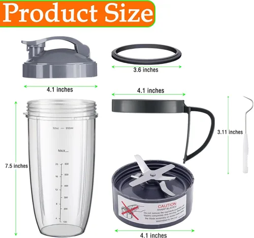 Miniatura 6 de NutriBullet - Juego de 8 tazas y cuchillas de repuesto NutriBullet de 32 onzas con 1 tapa abatible para llevar y 1 mango de anillo para licuadora