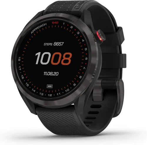 Garmin Approach S42, reloj inteligente de golf con GPS, ligero con pantalla táctil de 1.2 pulgadas, 42 k+ campos precargados, bisel de cerámica