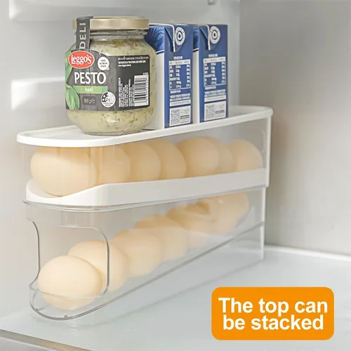 Miniatura 5 de Dispensador automático de huevos enrollable para organizador de refrigerador con tapa, 12 unidades de doble capa para almacenamiento de huevos
