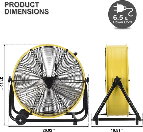 Miniatura 7 de MEPTY Ventilador de tambor industrial de 24 pulgadas, ventilador de piso de 8800 CFM de alta velocidad, circulador de aire de metal resistente de 3