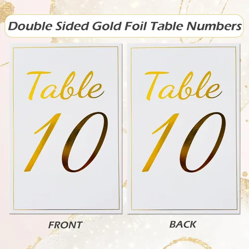 Miniatura 4 de Tarjetas de números de mesa doradas con soportes, 1-30 tarjetas de lugar doradas con soportes, número de mesa de doble cara de 4 x 6 para boda