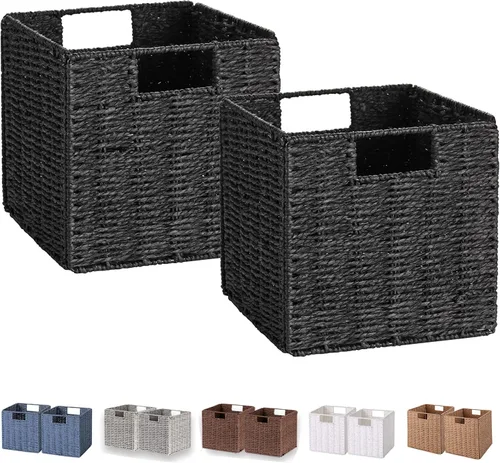 Miniatura 20 de VAGUSICC - Canastas de almacenamiento tejidas a mano, juego de 2, con asas, plegables, tipo cubo, de 13 pulgadas, grandes, de mimbre, para estantes