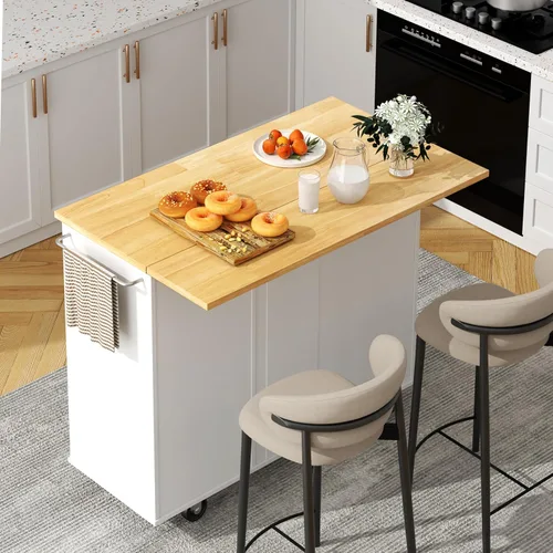 Shintenchi Isla de cocina con hoja plegable, mesa de isla enrollable con almacenamiento, armario de cocina con ruedas con área de asiento para Blanco