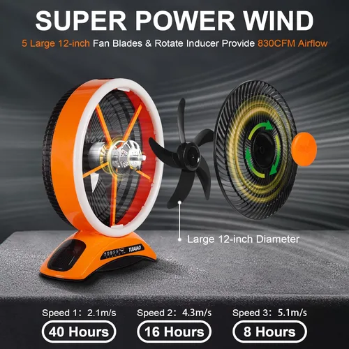 Miniatura 4 de Ventilador de campamento con batería de 45000 mAh con LED, aspas grandes de 12 pulgadas, ventilador portátil recargable de alta velocidad