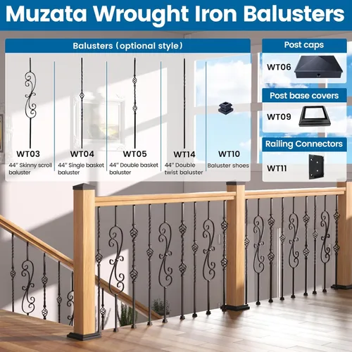 Miniatura 6 de Muzata 10Pack de bases de balaustre de hierro, zapato plano para escalera con tornillo para balaustre cuadrado de 1/2 pulgada, husillo de escalera