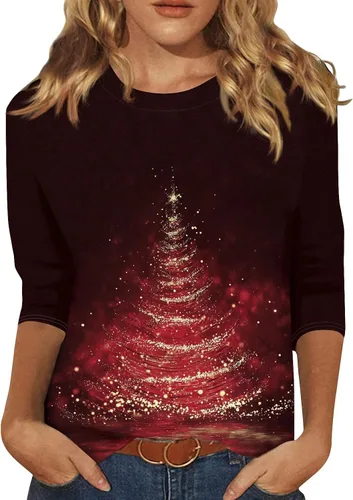 Miniatura 112 de Camisetas de manga 3/4 para mujer, cuello redondo, holgadas, casuales, con estampado floral, camisetas de moda para el trabajo de negocios