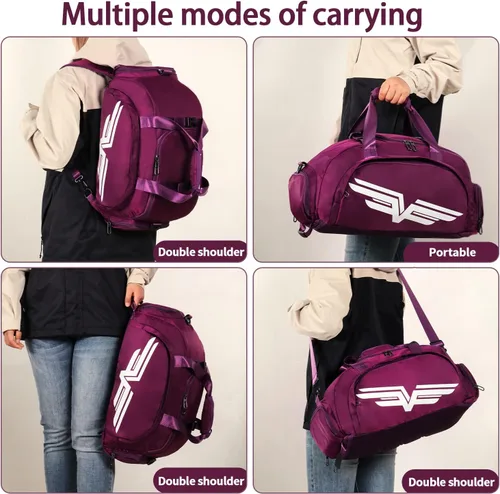 Miniatura 5 de FIORETTO Bolsa de deporte para hombre con bolsillo húmedo y compartimento para zapatos, ideal para viajes, gimnasio, deportes, natación, B-Morado