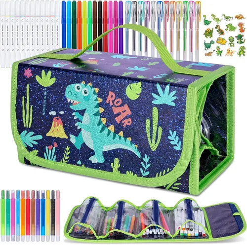 Marcadores de dinosaurios para niños de 4 a 8 años con estuche para lápices, regalos geniales de dinosaurios de cumpleaños para niños, 48 marcadores