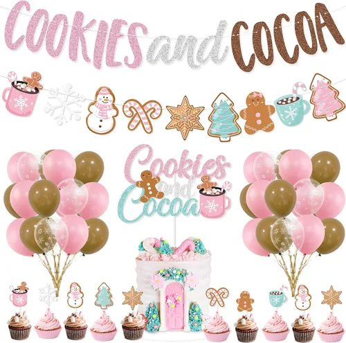 Decoraciones de fiesta de galletas y cacao, banner de galletas rosas y cacao, banner navideño de hombre de jengibre, globos para adorno de pastel,