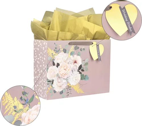 Miniatura 2 de MAYPLUSS Bolsa de regalo extra grande de 16 pulgadas con tarjeta de felicitación y papel de seda para boda, cumpleaños, diseño floral dorado