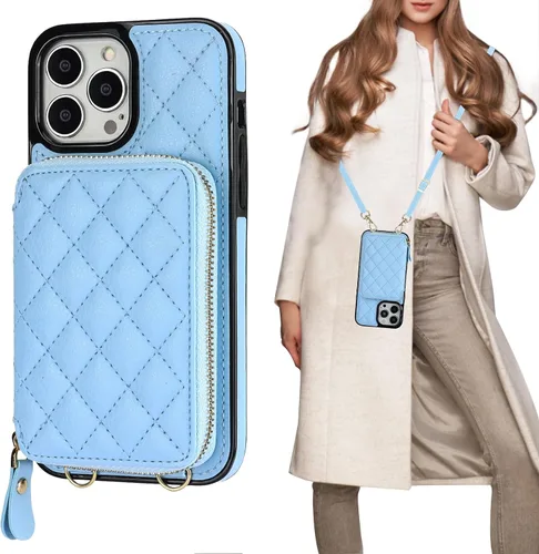 Miniatura 18 de Bocasal Funda tipo cartera con bandolera para iPhone 13 Pro Max, cartera de cuero PU con cierre de cremallera y bloqueo RFID, funda tipo folio