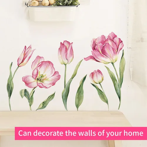 Miniatura 8 de 2 hojas de calcomanías de pared de flores rosas grandes, tulipán, flores, flores, jardín, hojas verdes, plantas, vinilo, bricolaje, decoración