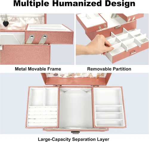 Miniatura 3 de Dajasan Caja organizadora de joyas, organizador de joyas para mujeres y niñas, 3 capas de almacenamiento grande de joyería para aretes, anillos