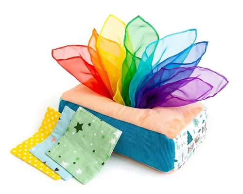 Caja de pañuelos para bebé, juego Montessori para bebés y niños pequeños, caja texturizada sensorial con 12 bufandas coloridas a juego y 3 piezas de