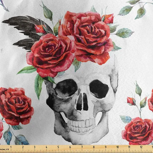 Miniatura 134 de Ambesonne The Yard, tela de calavera colorida con temática de Halloween, diseño de calavera y huesos cruzados, divertido estampado de dibujos