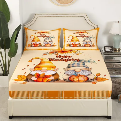 Miniatura 3 de Manfei Sábana bajera ajustable de otoño, tamaño individual, hojas de calabaza, dibujos animados, arcoíris, zorro, oso, ciervo, juego de ropa de cama
