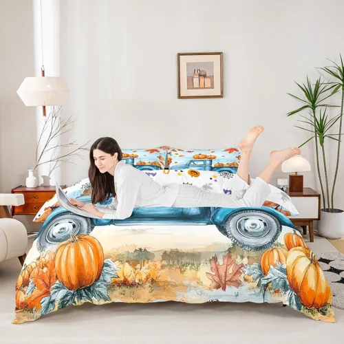 Miniatura 5 de Erosebridal Funda de edredón de calabaza con dibujos animados para automóvil, juego de ropa de cama de calabaza azul para niños pequeños, funda
