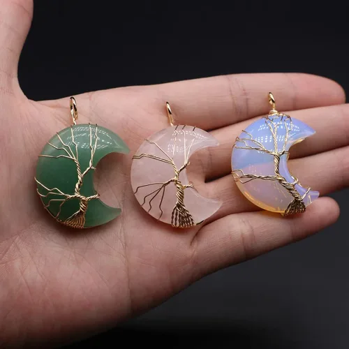 Miniatura 5 de 4 colgantes de piedra natural, forma de luna, chakra, cristal, ágata, alambre de piedra, tejer, diseño de árbol de la vida para hacer joyas