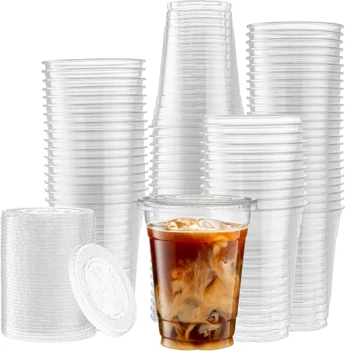 Miniatura 13 de ELEGANT DISPOSABLES Vasos de PET transparentes con tapas planas para café helado (12 onzas)