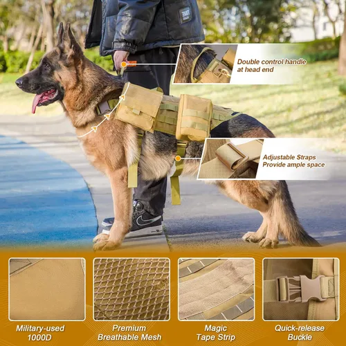 Miniatura 5 de AIWAI Arnés táctico para perro con bolsas, arnés de chaleco para perros grandes y medianos, arnés militar ajustable sin tirones con asa, caminar