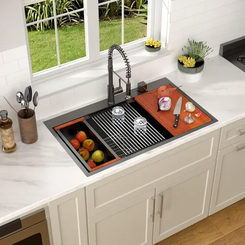 Miniatura 26 de Dcolora 33x22 Fregadero de cocina de acero inoxidable de 16 calibres, estación de trabajo de caída, fregadero de cuenco único grande, montaje