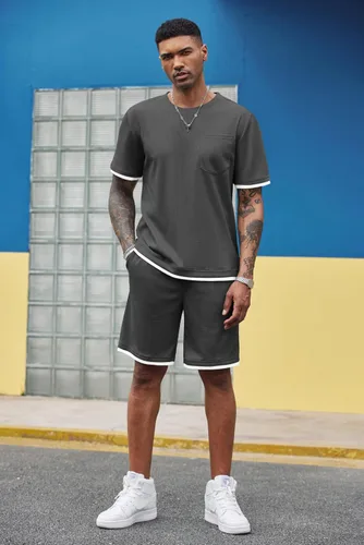 Miniatura 32 de COOFANDY Conjunto de camisa y pantalones cortos de gofre para hombre, conjunto de 2 piezas, conjunto casual de verano con bolsillos