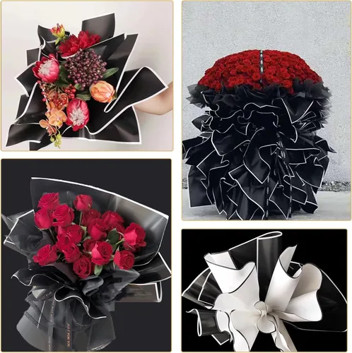 Miniatura 7 de Gloreyan 20 hojas de papel de regalo de flores, suministros de envoltura de ramo de floristería negro impermeable con borde blanco para embalaje