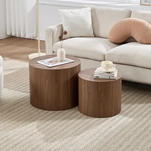 Miniatura 9 de Ya-Home Juego de 2 mesas auxiliares redondas, mesa auxiliar anidable de madera para sala de estar, balcón, oficina, color natural Burl, sin montaje