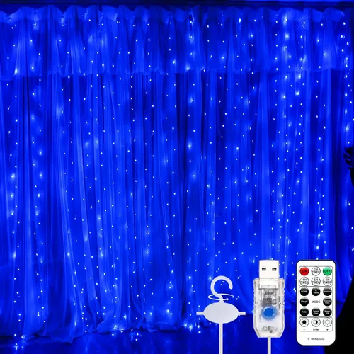 Miniatura 11 de Luz de cortina blanca cálida para dormitorio, 300 LED, 3m x 3m, luz de cadena de hadas para ventana con 16 ganchos, 8 modelos, control remoto