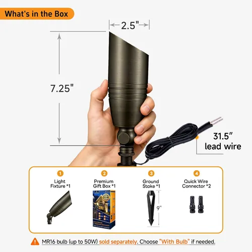 Miniatura 6 de Gardenreet Focos de paisaje de bajo voltaje - Luz superior LED de latón 12V para exterior, luces focales cableadas IP65 impermeables, enfoque