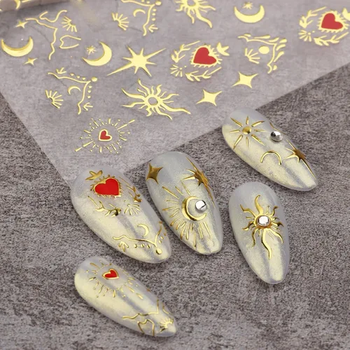 Miniatura 8 de TailaiMei Calcomanías para uñas de luna y estrella, para el día de San Valentín, calcomanías autoadhesivas de arte de uñas de corazón dorado