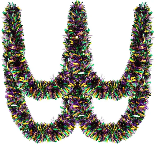 Miniatura 9 de Guirnalda de oropel de Mardi Gras de 20 pies/19.7 ft con luces LED, guirnalda metálica de oropel con pilas, guirnalda colgante de lámina colorida
